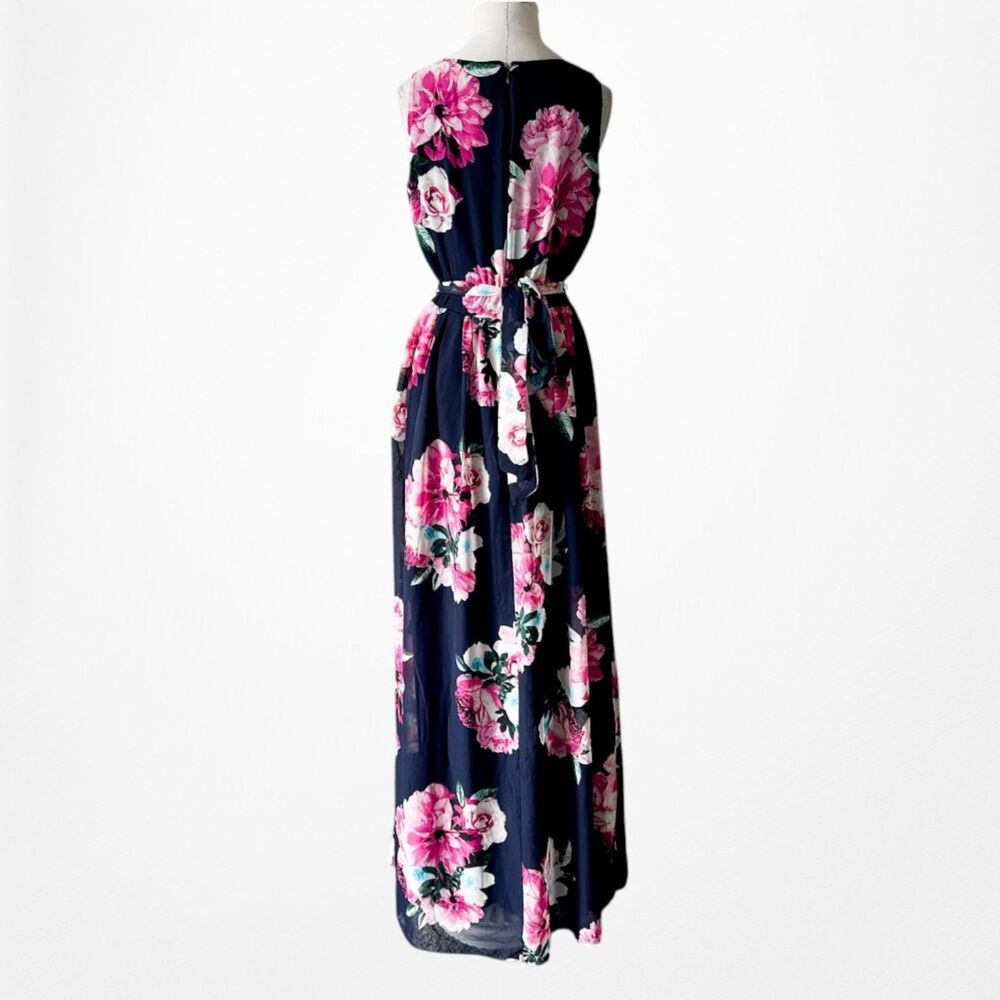 Vintage Y2K Sleeveless Navy Blue Pink Floral Flared Waist Tie Maxi Dress Size M - Picture 6 of 8